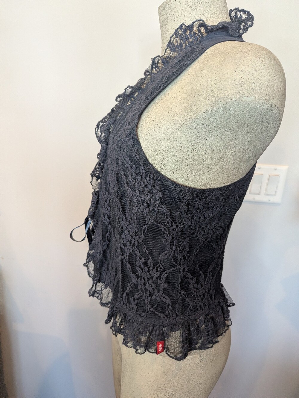 Esprit Edc Lace Ruffle Front Tie Vest in Charcoal Size Medium - Picture 3 of 5